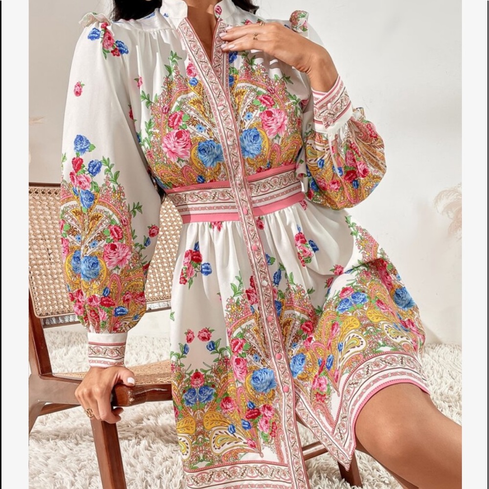 Boho Floral Print High Neck Collar Puff Sleeve Shirt Dress - Picture 1 of 6